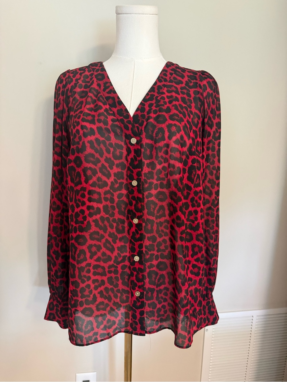 Michael Kors Red Black Leopard Print Blouse S Sheer Button Front Animal Print